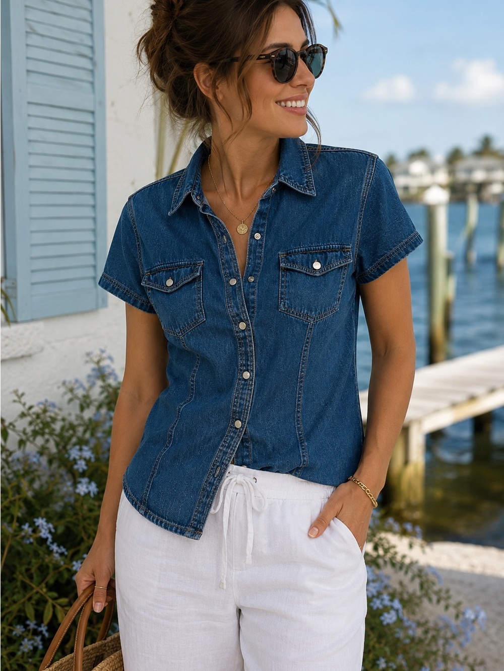 Carolina Blues Denim Button Shirt Women’s XL Dark Wash Y2K Cotton